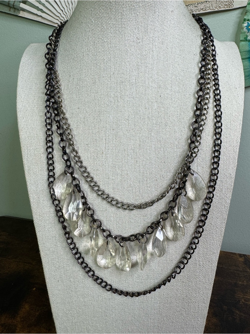 Layered Gunmetal Chain Necklace with Clear Crystal Drops